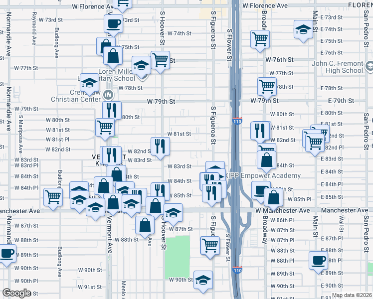 map of restaurants, bars, coffee shops, grocery stores, and more near 641 West 82nd Street in Los Angeles