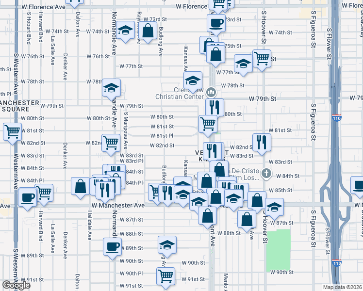 map of restaurants, bars, coffee shops, grocery stores, and more near 1105 West 82nd Street in Los Angeles