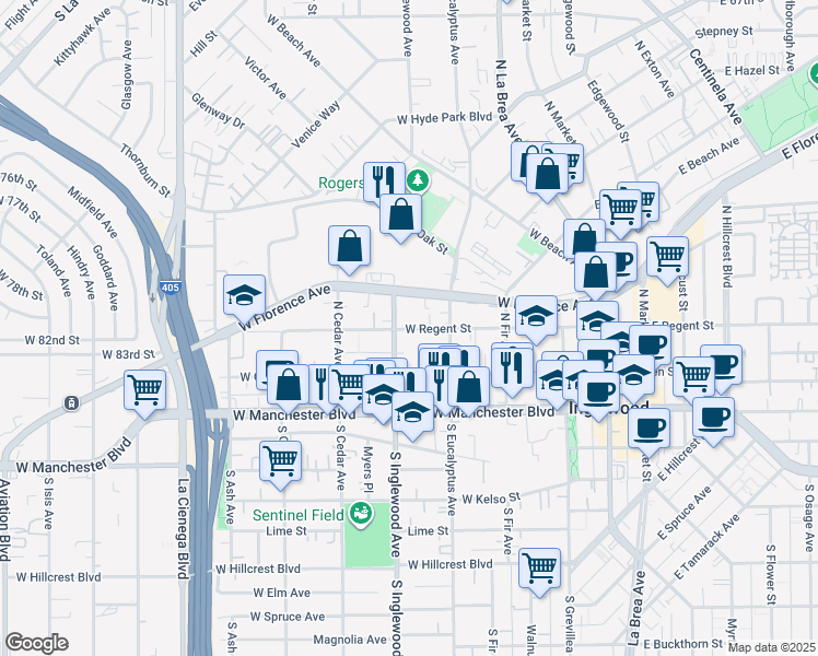 map of restaurants, bars, coffee shops, grocery stores, and more near 319 West Regent Street in Inglewood