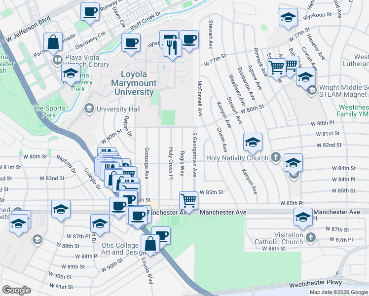 map of restaurants, bars, coffee shops, grocery stores, and more near 8100 Regis Way in Los Angeles