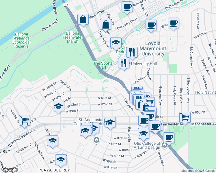 map of restaurants, bars, coffee shops, grocery stores, and more near 7371 West Coastal View Drive in Los Angeles