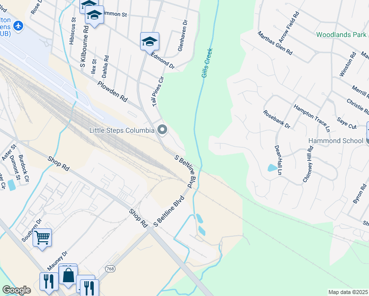 map of restaurants, bars, coffee shops, grocery stores, and more near 1908 Tall Pines Circle in Columbia