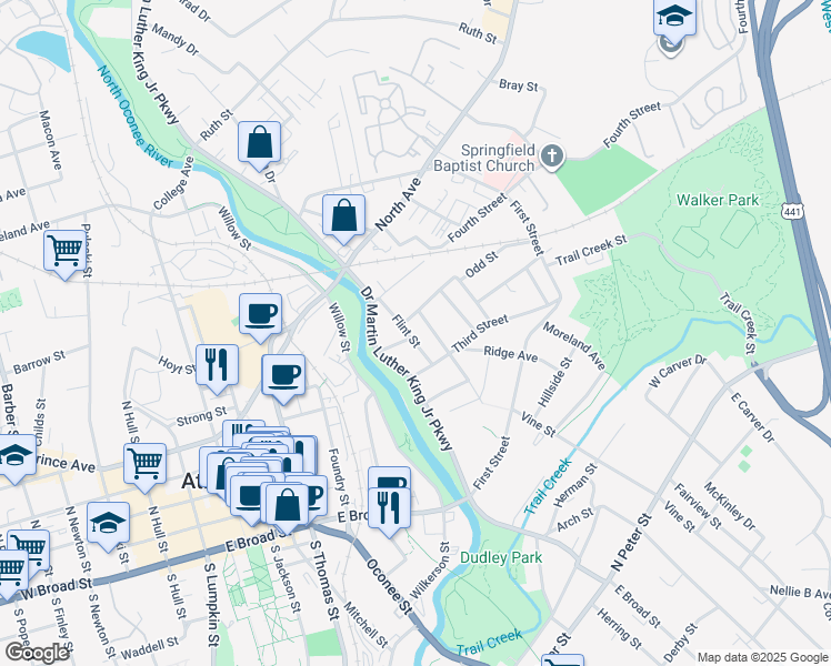 map of restaurants, bars, coffee shops, grocery stores, and more near 130 Pearl Street in Athens