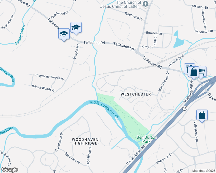 map of restaurants, bars, coffee shops, grocery stores, and more near 121 Lake Drive in Athens