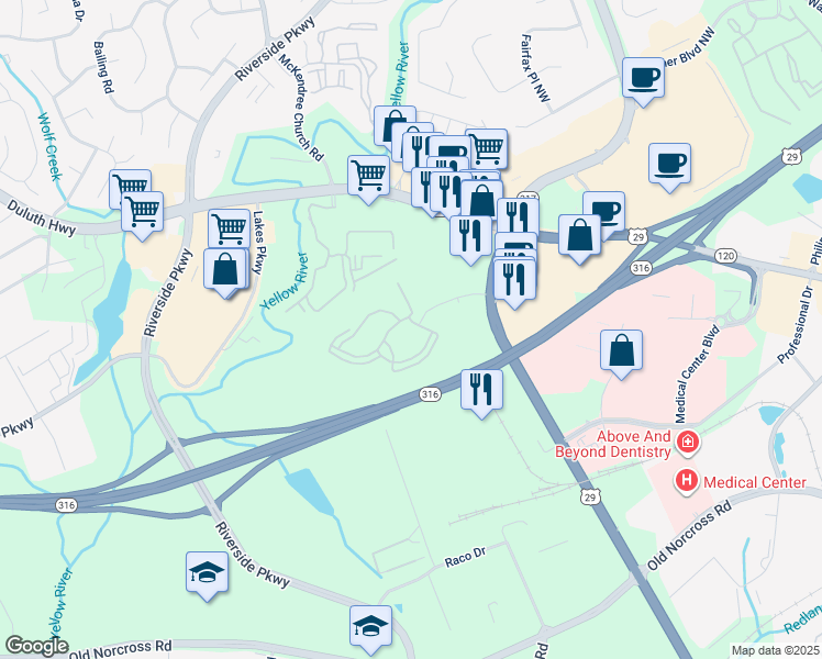map of restaurants, bars, coffee shops, grocery stores, and more near 900 Legacy Park Drive in Lawrenceville