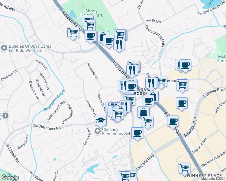 map of restaurants, bars, coffee shops, grocery stores, and more near 3615 Elkhorn Court Northwest in Duluth