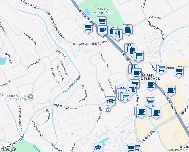 map of restaurants, bars, coffee shops, grocery stores, and more near 2506 Selman Drive Northwest in Duluth