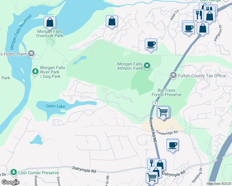 map of restaurants, bars, coffee shops, grocery stores, and more near 4205 Santa Fe Parkway in Sandy Springs