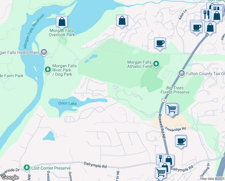 map of restaurants, bars, coffee shops, grocery stores, and more near 3104 Santa Fe Parkway in Sandy Springs