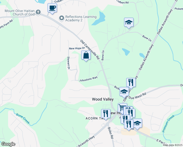 map of restaurants, bars, coffee shops, grocery stores, and more near 52 Stevenson Trail in Dallas