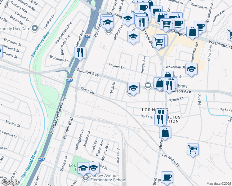 map of restaurants, bars, coffee shops, grocery stores, and more near 8608 Flallon Avenue in Whittier