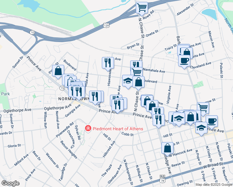 map of restaurants, bars, coffee shops, grocery stores, and more near 185 Nacoochee Avenue in Athens