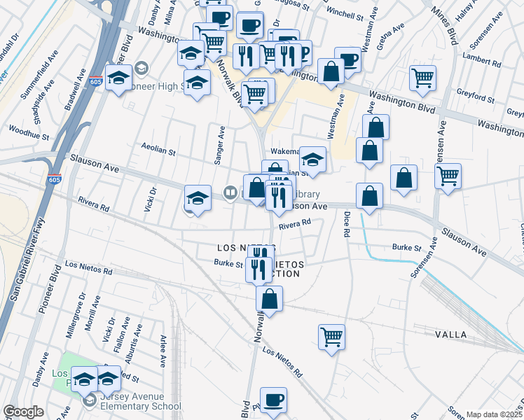 map of restaurants, bars, coffee shops, grocery stores, and more near 8521 Norwalk Boulevard in Whittier