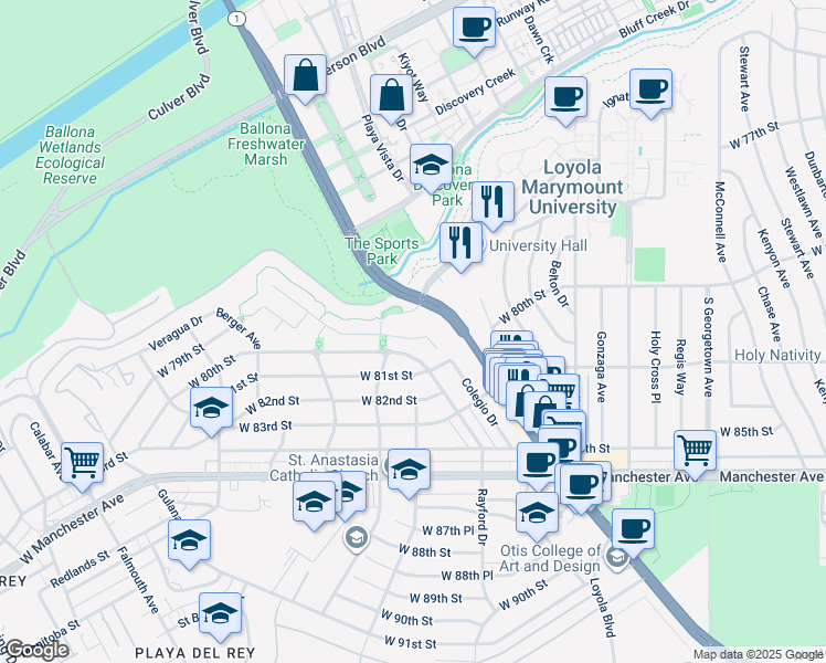 map of restaurants, bars, coffee shops, grocery stores, and more near 7375 West Coastal View Drive in Los Angeles