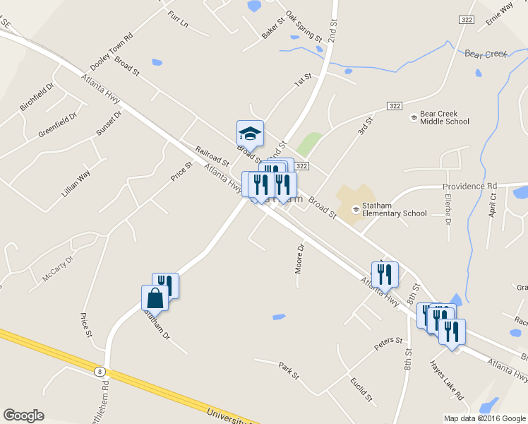map of restaurants, bars, coffee shops, grocery stores, and more near 1919 Atlanta Highway in Statham