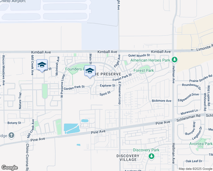 map of restaurants, bars, coffee shops, grocery stores, and more near 8364 Explorer Street in Chino