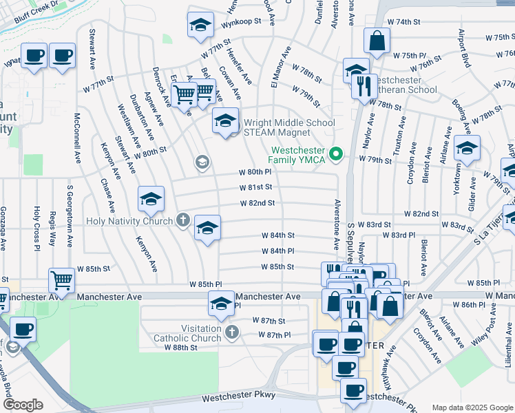 map of restaurants, bars, coffee shops, grocery stores, and more near 6506 West 82nd Street in Los Angeles