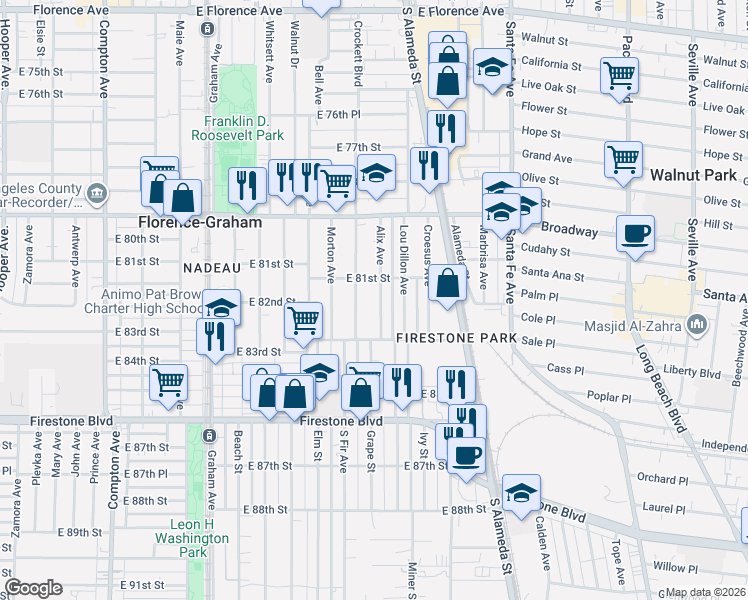 map of restaurants, bars, coffee shops, grocery stores, and more near 8129 Alix Avenue in Los Angeles