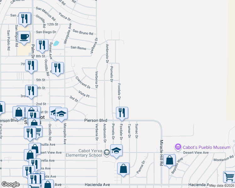 map of restaurants, bars, coffee shops, grocery stores, and more near 11581 Foxdale Drive in Desert Hot Springs