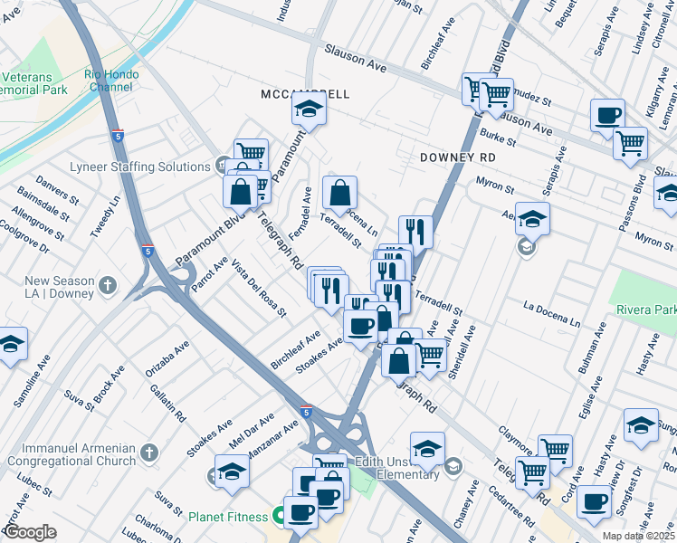 map of restaurants, bars, coffee shops, grocery stores, and more near 8371 Telegraph Road in Pico Rivera