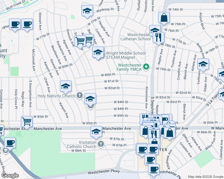 map of restaurants, bars, coffee shops, grocery stores, and more near 6506 West 82nd Street in Los Angeles