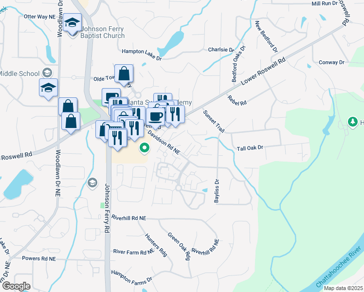 map of restaurants, bars, coffee shops, grocery stores, and more near 674 Highland Court in Marietta