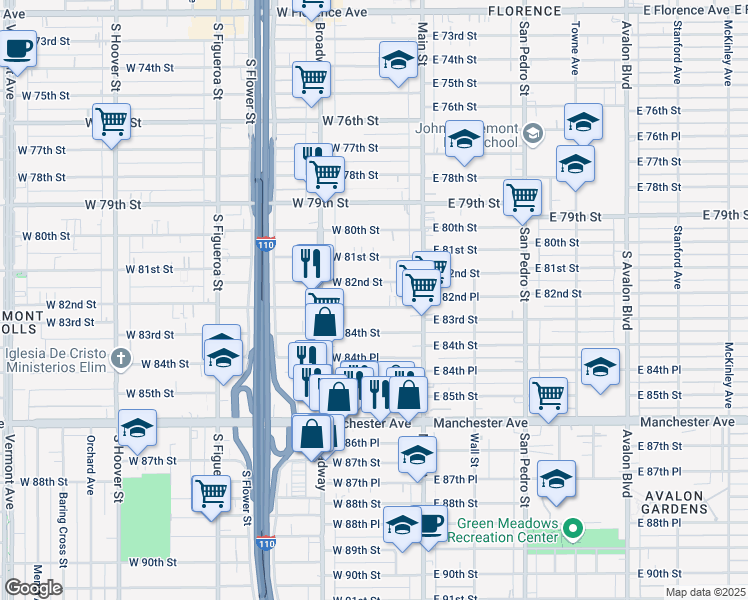 map of restaurants, bars, coffee shops, grocery stores, and more near 209 West 83rd Street in Los Angeles