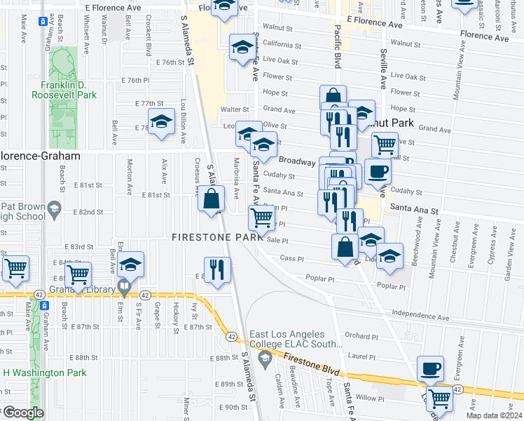 map of restaurants, bars, coffee shops, grocery stores, and more near 2404 1/2 Palm Place in Huntington Park