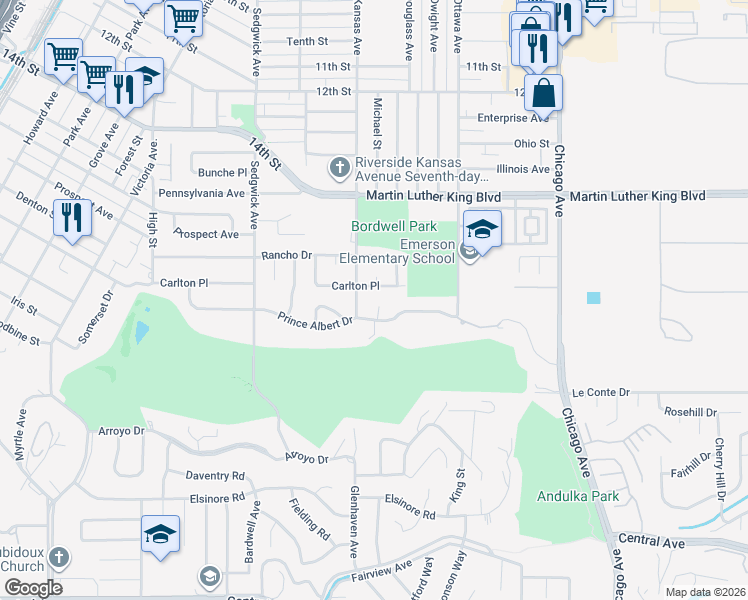 map of restaurants, bars, coffee shops, grocery stores, and more near 4752 Kansas Avenue in Riverside