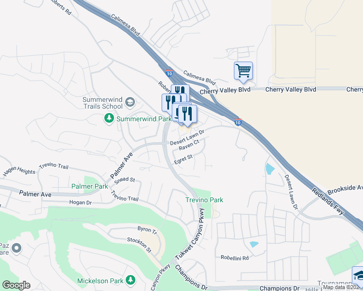 map of restaurants, bars, coffee shops, grocery stores, and more near 1060 Raven Court in Calimesa