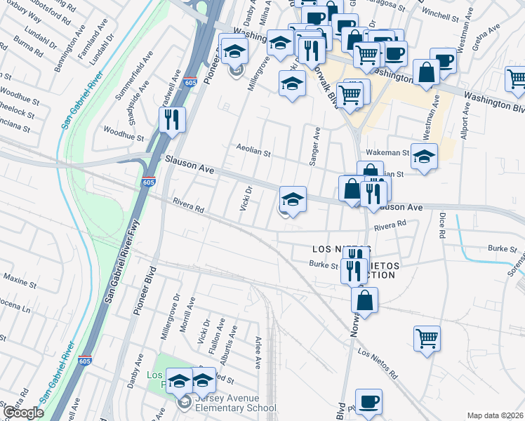 map of restaurants, bars, coffee shops, grocery stores, and more near 8608 Flallon Avenue in Whittier