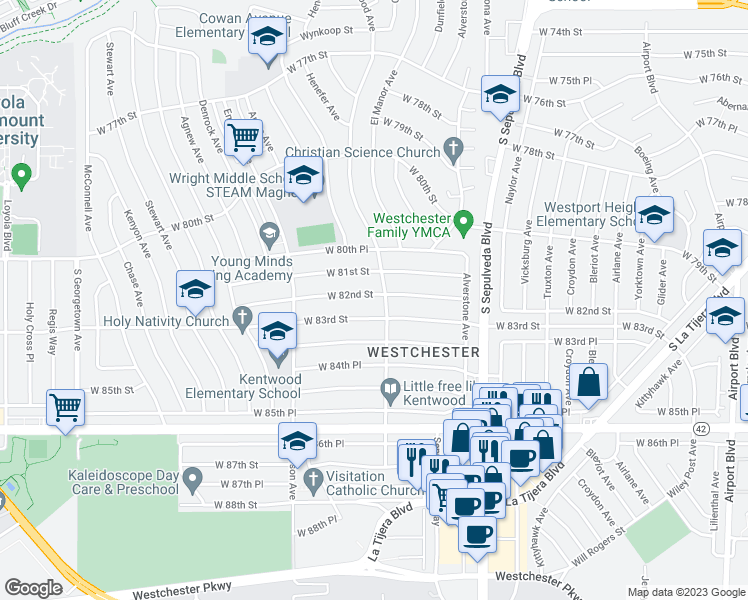 map of restaurants, bars, coffee shops, grocery stores, and more near 6450 West 82nd Street in Los Angeles