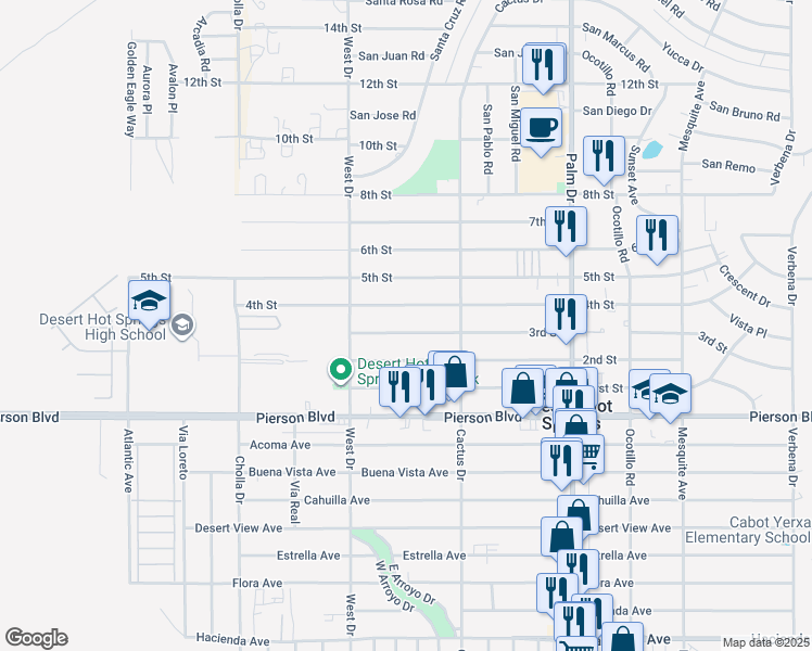 map of restaurants, bars, coffee shops, grocery stores, and more near 66126 3rd St in Desert Hot Springs