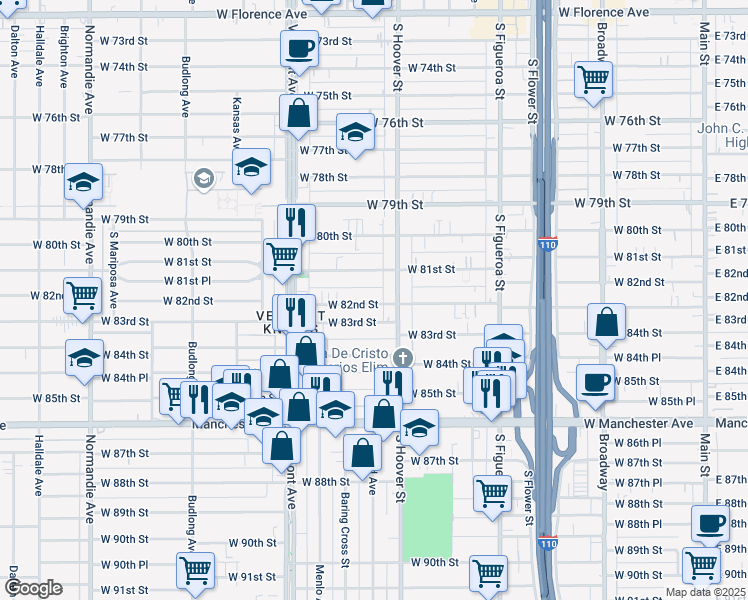 map of restaurants, bars, coffee shops, grocery stores, and more near 833 West 82nd Street in Los Angeles