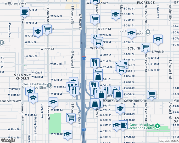 map of restaurants, bars, coffee shops, grocery stores, and more near 329 West 83rd Street in Los Angeles