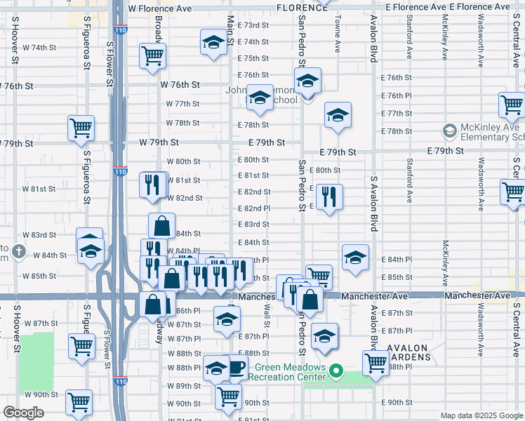 map of restaurants, bars, coffee shops, grocery stores, and more near 152 East 82nd Place in Los Angeles