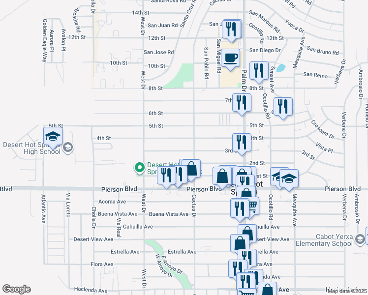map of restaurants, bars, coffee shops, grocery stores, and more near 66192 3rd Street in Desert Hot Springs