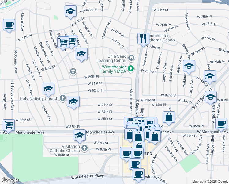 map of restaurants, bars, coffee shops, grocery stores, and more near 6410 West 82nd Street in Los Angeles