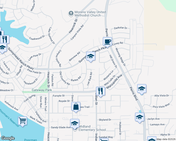 map of restaurants, bars, coffee shops, grocery stores, and more near 24395 Old Country Road in Moreno Valley