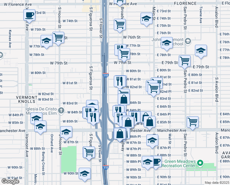map of restaurants, bars, coffee shops, grocery stores, and more near 329 West 83rd Street in Los Angeles