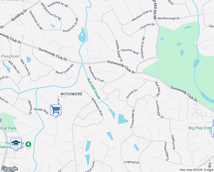 map of restaurants, bars, coffee shops, grocery stores, and more near 5674 Woodsong Drive in Dunwoody