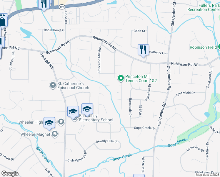 map of restaurants, bars, coffee shops, grocery stores, and more near 2794 Lawrence Mill Run in Marietta
