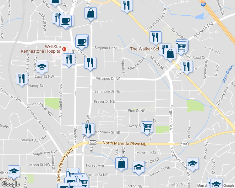 map of restaurants, bars, coffee shops, grocery stores, and more near 274 Seminole Drive Northeast in Marietta