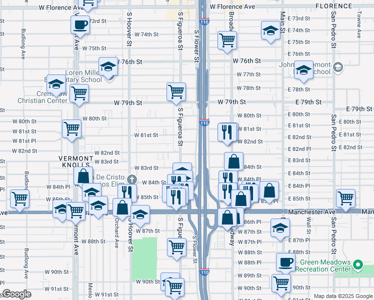 map of restaurants, bars, coffee shops, grocery stores, and more near 8226 South Figueroa Street in Los Angeles