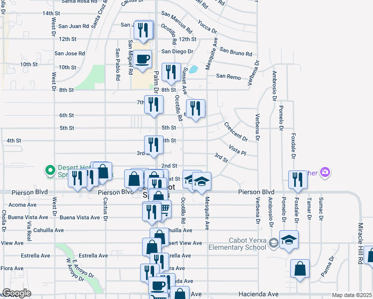 map of restaurants, bars, coffee shops, grocery stores, and more near 66638 3rd Street in Desert Hot Springs