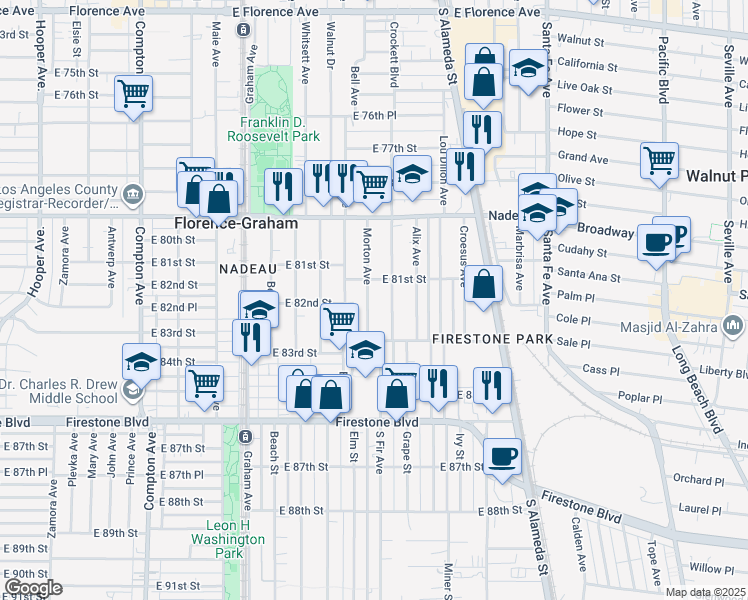 map of restaurants, bars, coffee shops, grocery stores, and more near 8126 Morton Avenue in Los Angeles