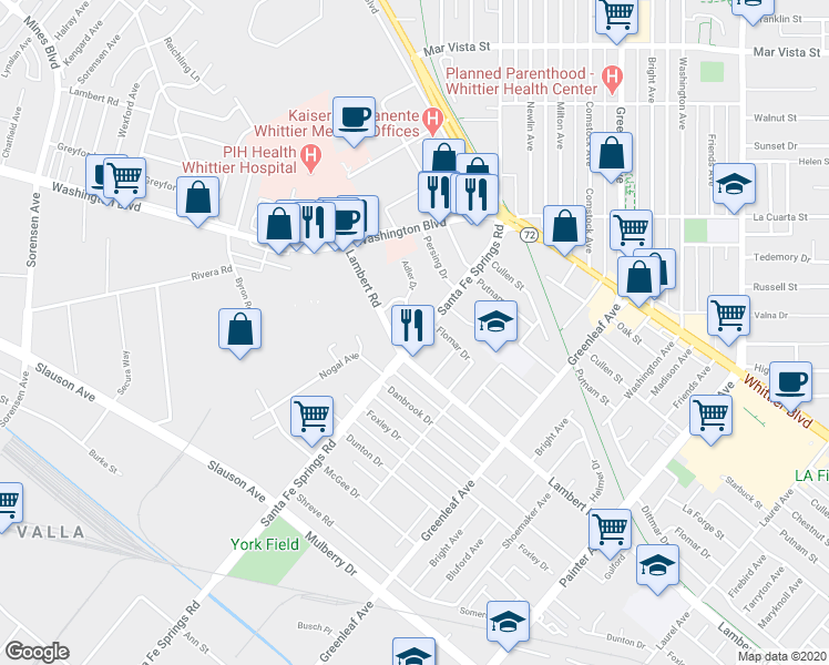 map of restaurants, bars, coffee shops, grocery stores, and more near 12598 Adler Drive in Whittier