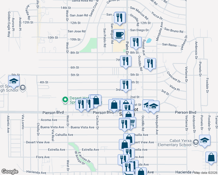 map of restaurants, bars, coffee shops, grocery stores, and more near 66348 3rd Street in Desert Hot Springs