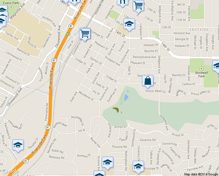 map of restaurants, bars, coffee shops, grocery stores, and more near 4780 Victoria Avenue in Riverside