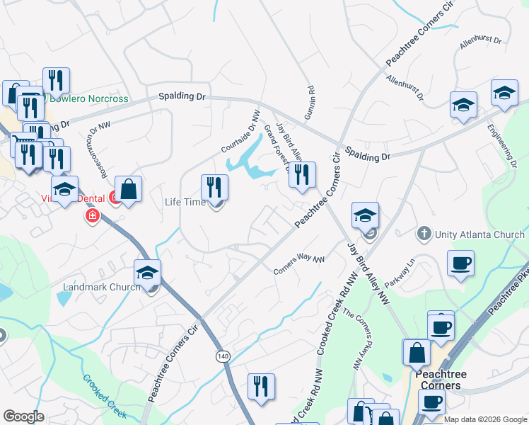 map of restaurants, bars, coffee shops, grocery stores, and more near 402 Peachtree Forest Avenue in Norcross